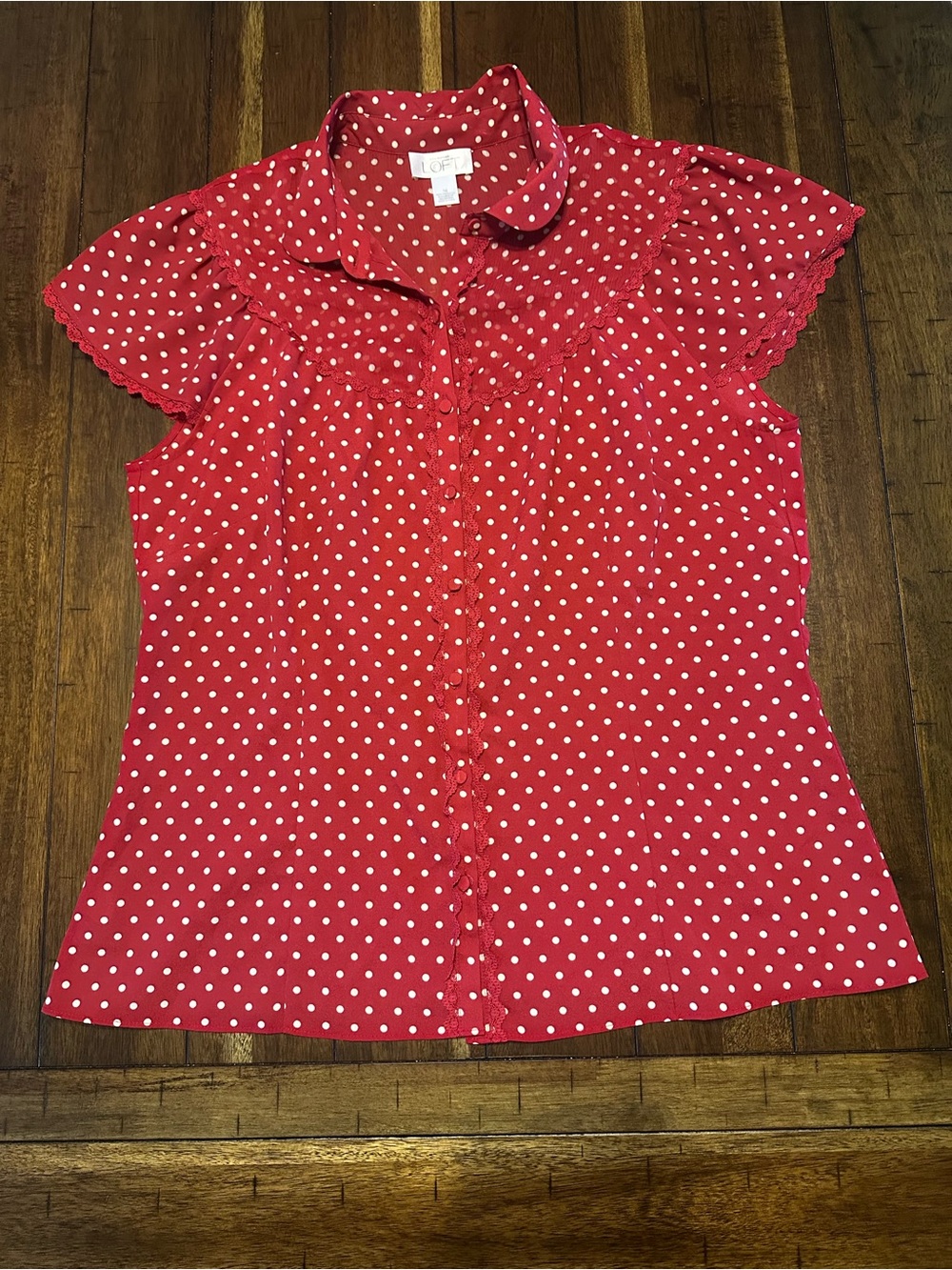 LOFT Red Polka Dot Button-Front Cap Sleeve Blouse
